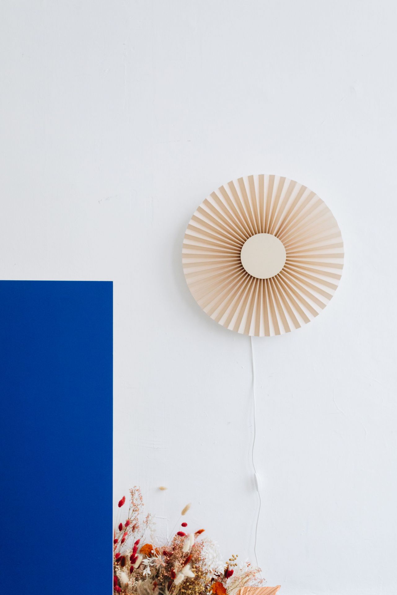 Carmen Wandleuchte Hart, beige Papier-Wandlampe im Fächerdesign an weißer Wand mit blauer Fläche und Trockenblumen.