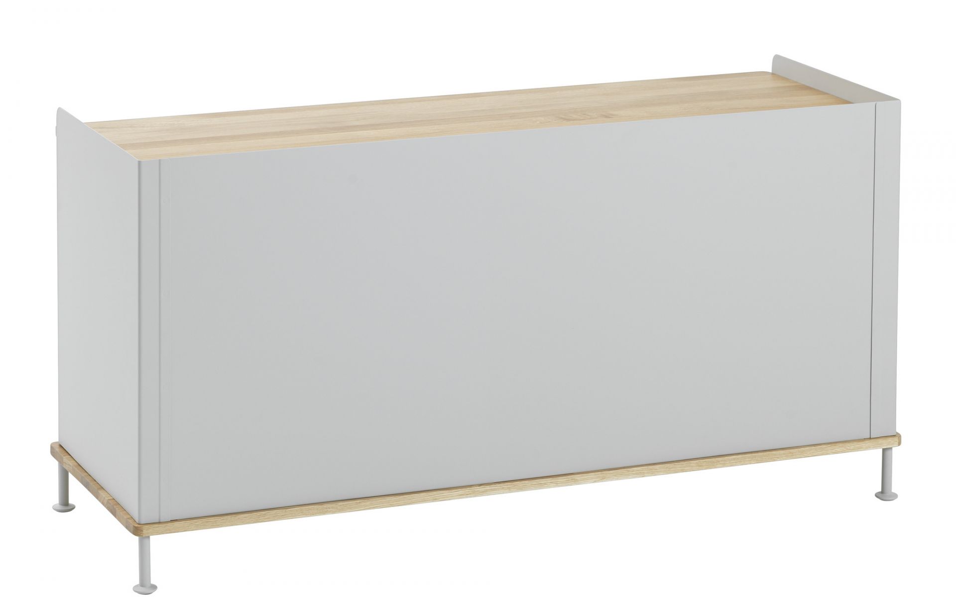 Enfold Sideboard Low von Muuto in Grau mit Holzplatte und filigranen Füßen.