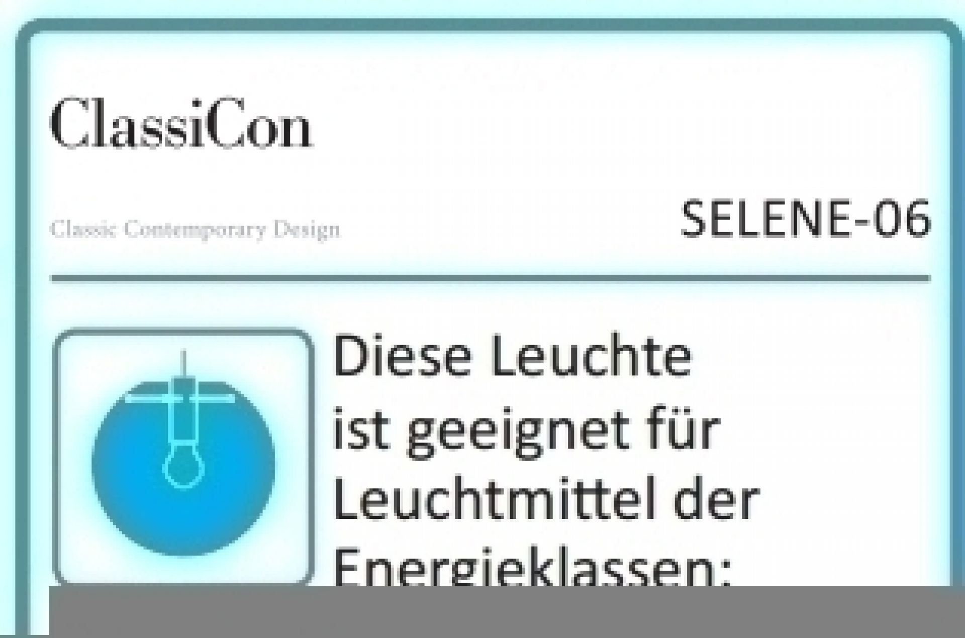Produktlabel der ClassiCon Selene Hängeleuchte mit Informationen zu Energieklassen und Leuchtmitteln.