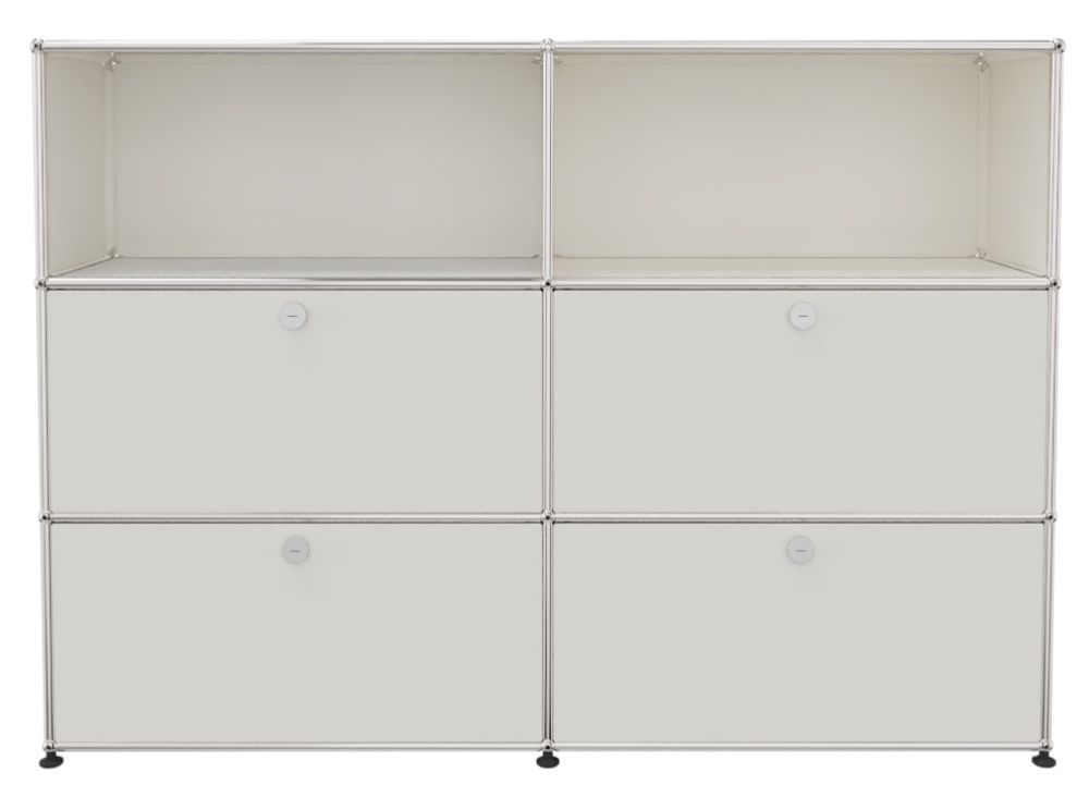 USM Haller Highboard in Reinweiß mit offenen Fächern, Klappen und Schubladen für stilvolle Aufbewahrung.