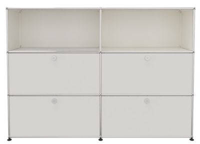 USM Haller Highboard in Reinweiß mit offenen Fächern, Klappen und Schubladen für stilvolle Aufbewahrung.