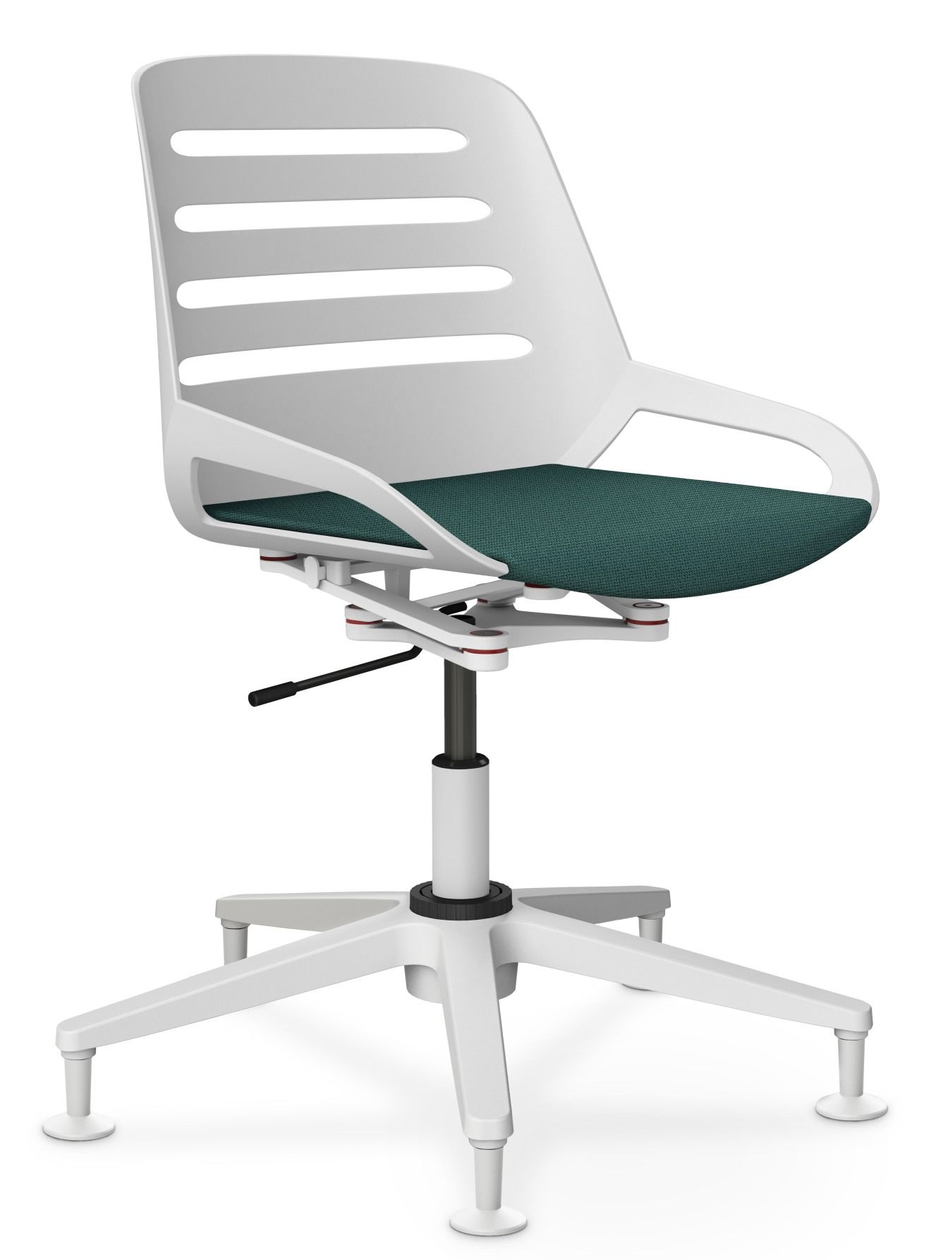 Numo Task Bürodrehstuhl von Aeris, weiße Ausführung mit Säule und Gleitern, ergonomischer Arbeitsstuhl mit grüner Sitzfläche.