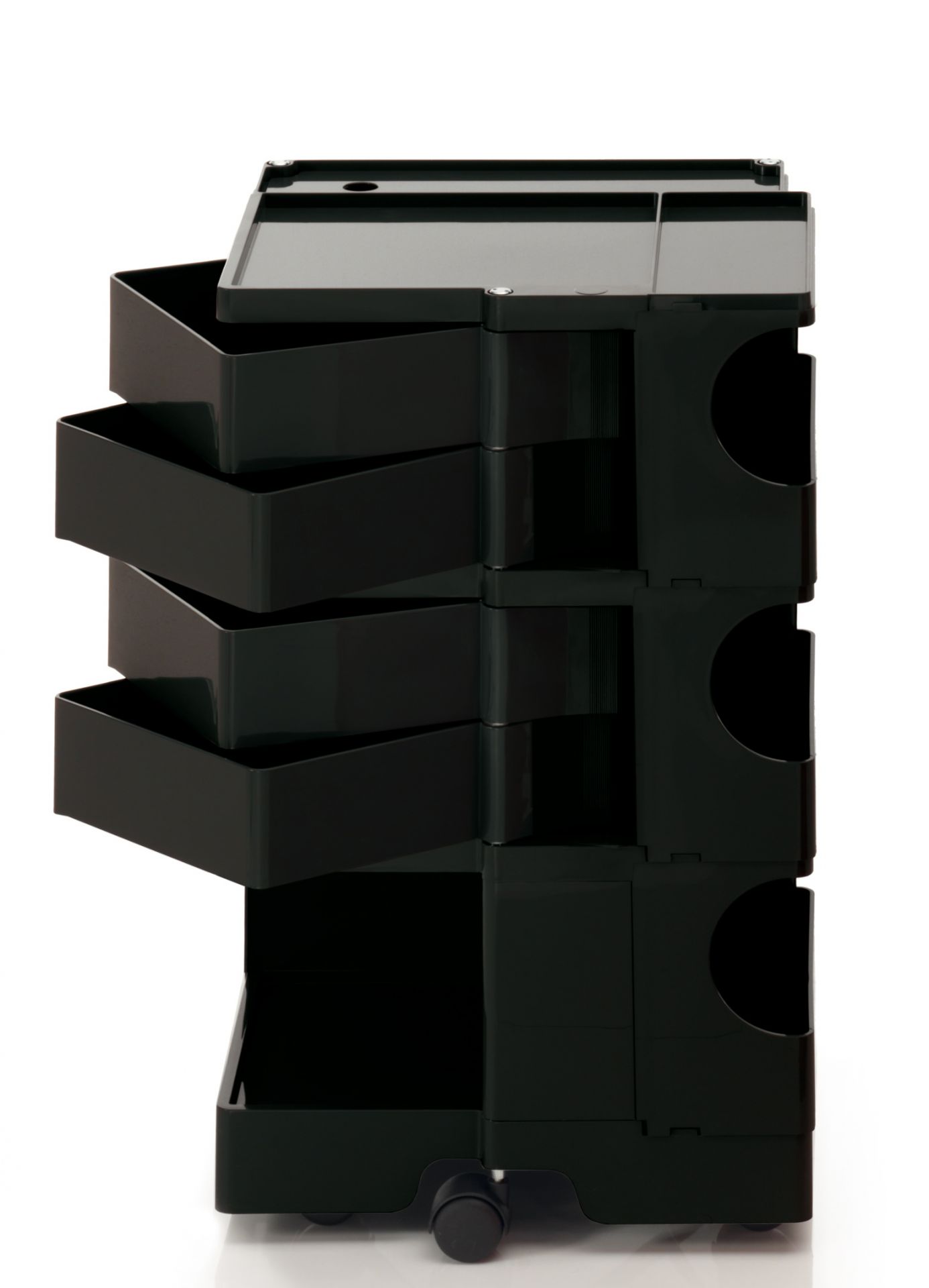 Schwarzer Boby Rollcontainer B34 mit Schubladen und Ablageflächen, ideal für Büro und Atelier.
