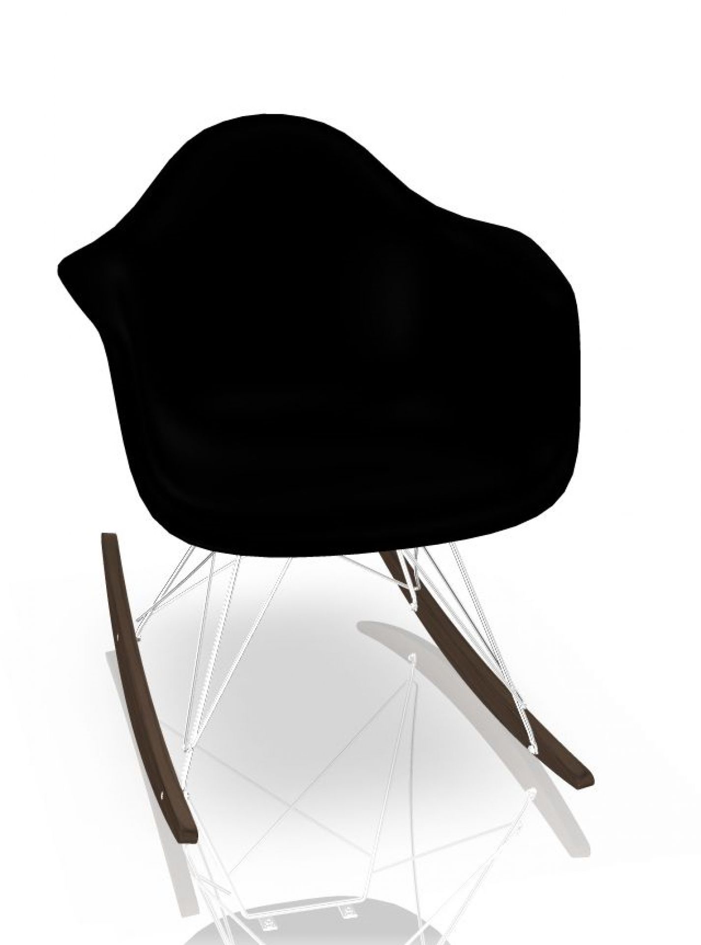 Vitra Eames Plastic Armchair RAR Schaukelstuhl in Tiefschwarz mit Ahorn-Kufen und Chrom-Gestell.