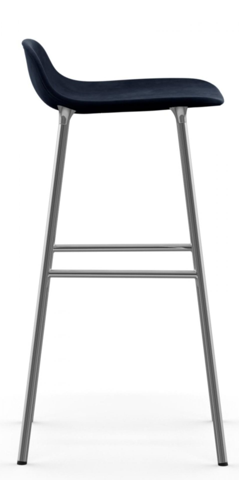 Form Barhocker von Normann Copenhagen, H 75 cm, Stahlgestell, dunkelblau gepolsterte Sitzfläche, modernes Küchendesign.