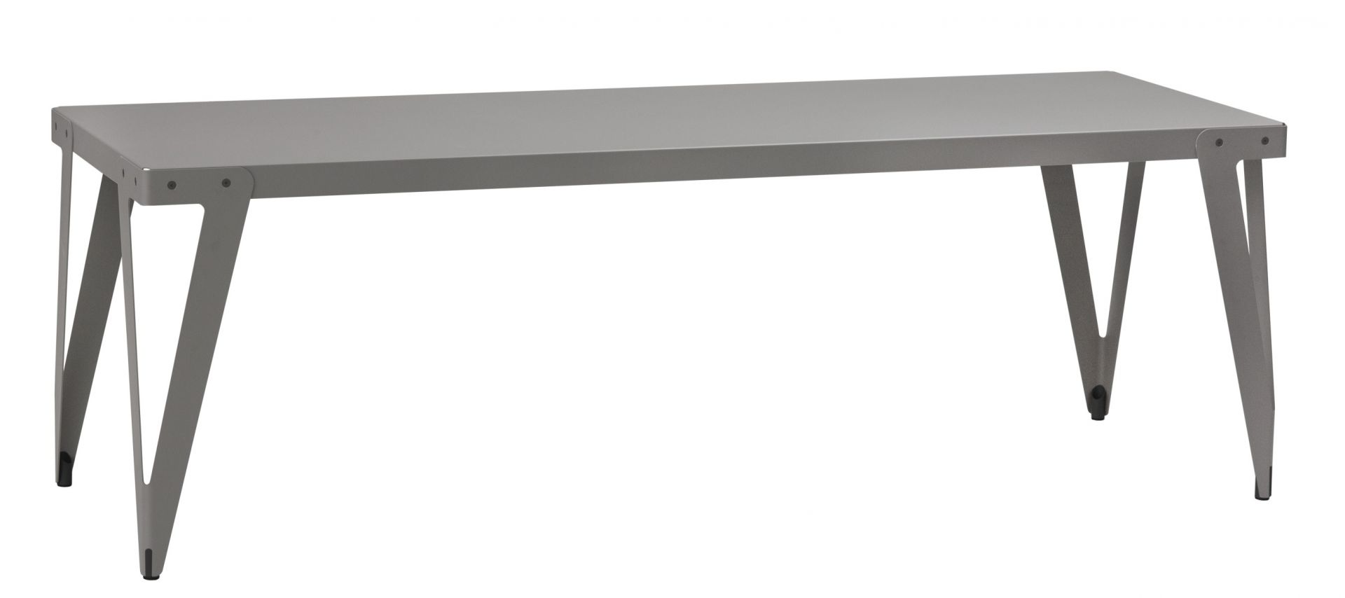 Grauer Lloyd Indoor Table Tisch Functionals mit minimalistischem Design und markanten, V-förmigen Tischbeinen.