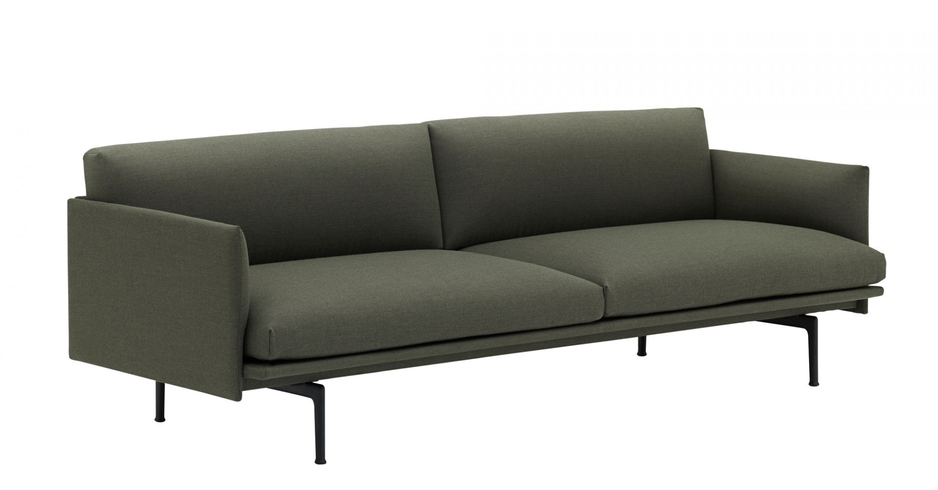 Muuto Outline Sofa, 3-Sitzer, olivgrüner Stoffbezug und schwarzes Metallgestell, modernes Design Sofa für Wohnzimmer.