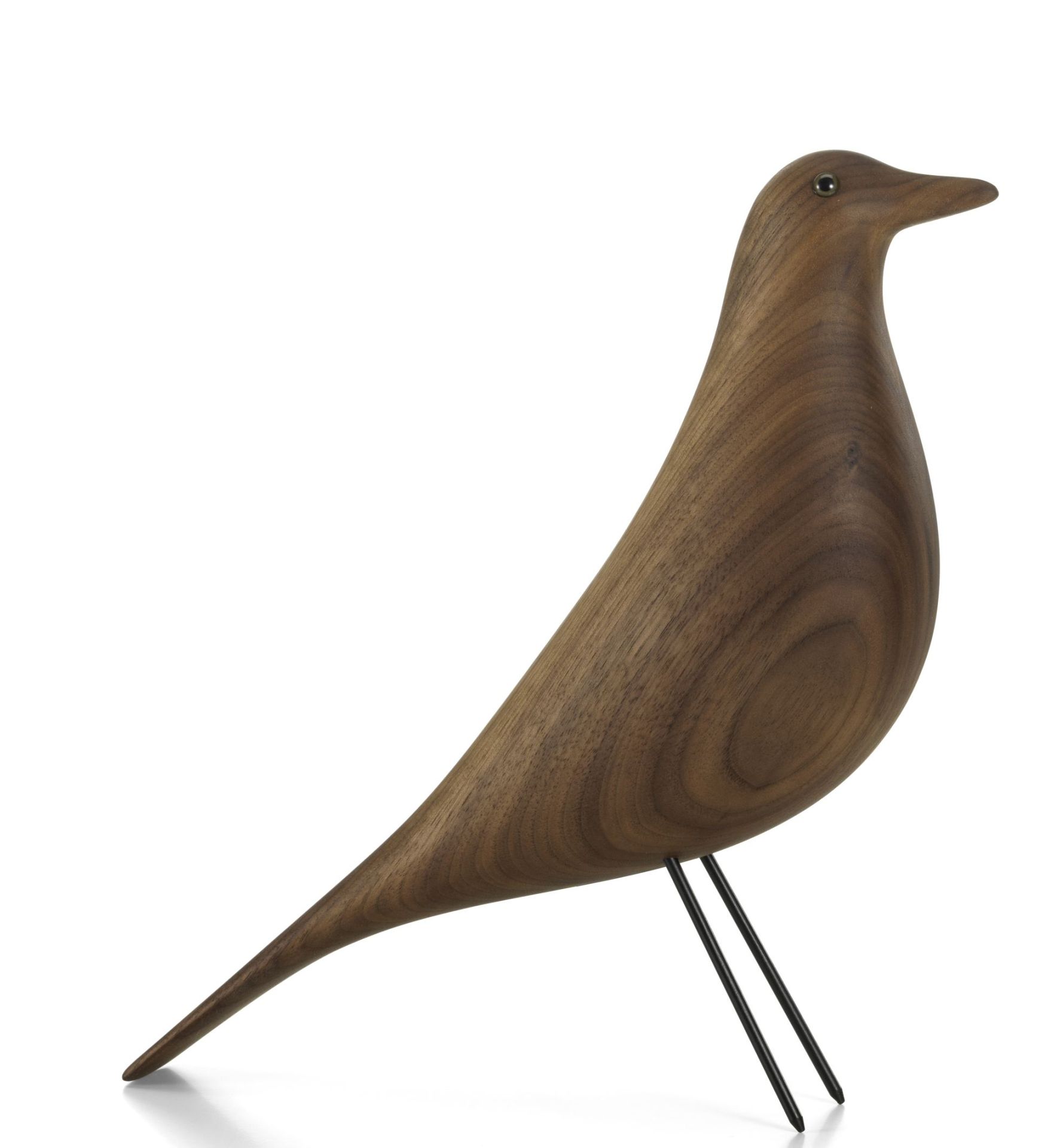 Eames House Bird Skulptur aus Nussbaumholz von Vitra, Design-Holzvogel auf filigranem Drahtgestell.