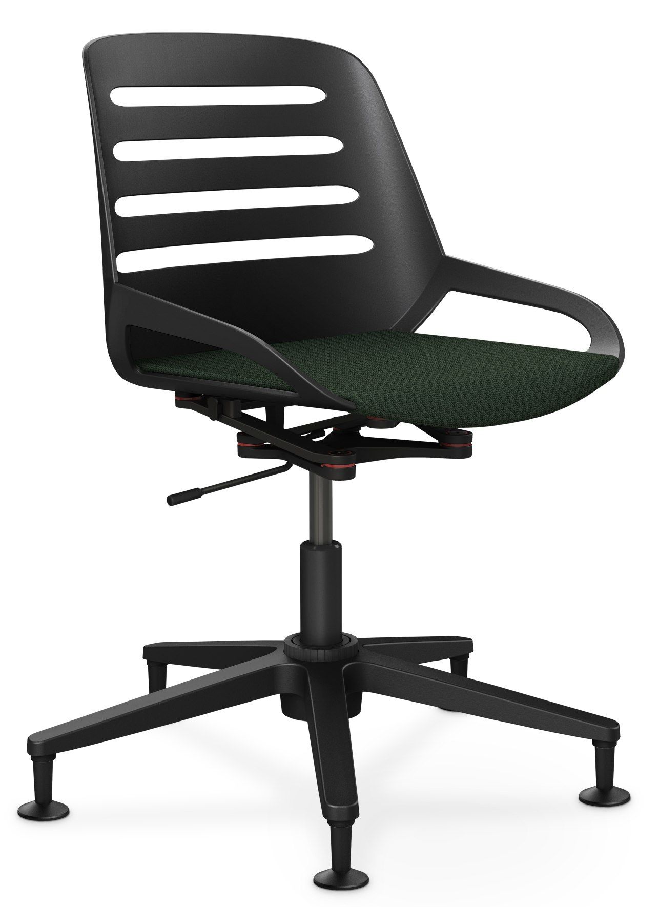 Numo Task Bürodrehstuhl von Aeris mit schwarzer Säule, Gleitern und grünem Sitzpolster für ergonomisches Sitzen.