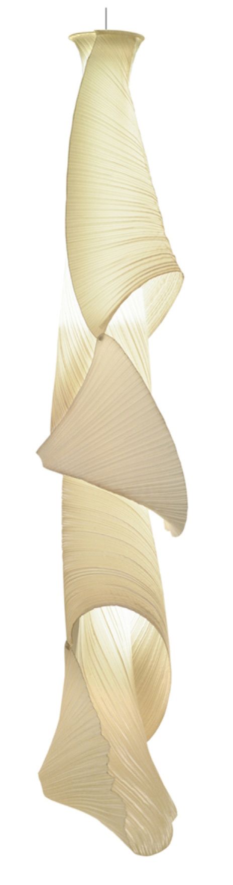 Genie Pendelleuchte: Elegante, spiralförmige Hängelampe mit plissiertem Lampenschirm in Beige. Moderne Innenbeleuchtung für Wohnzimmer und Essbereich.