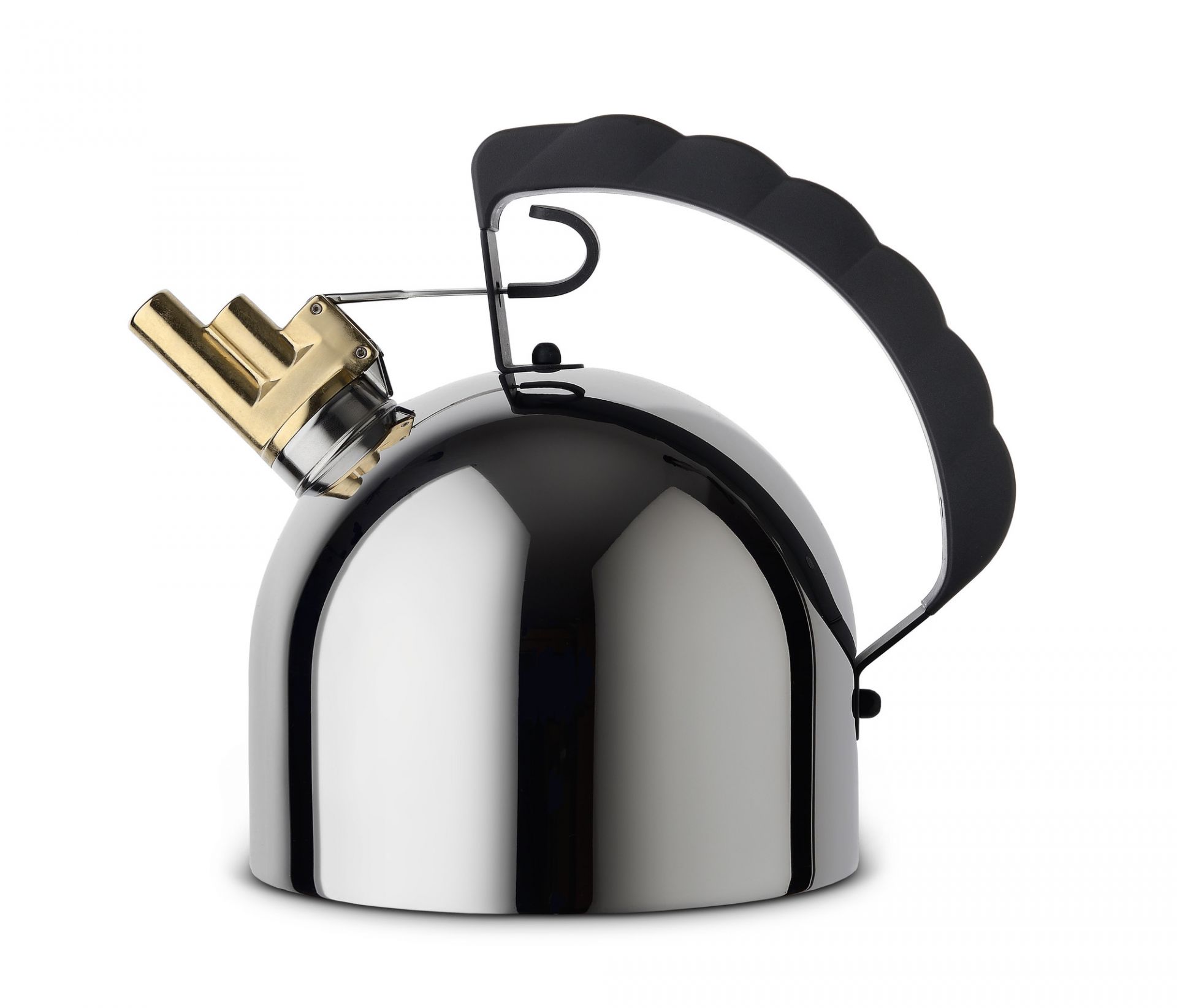 Alessi 9091 FM Wasserkessel aus Edelstahl mit schwarzem Griff und goldfarbener Pfeife. Design-Klassiker.