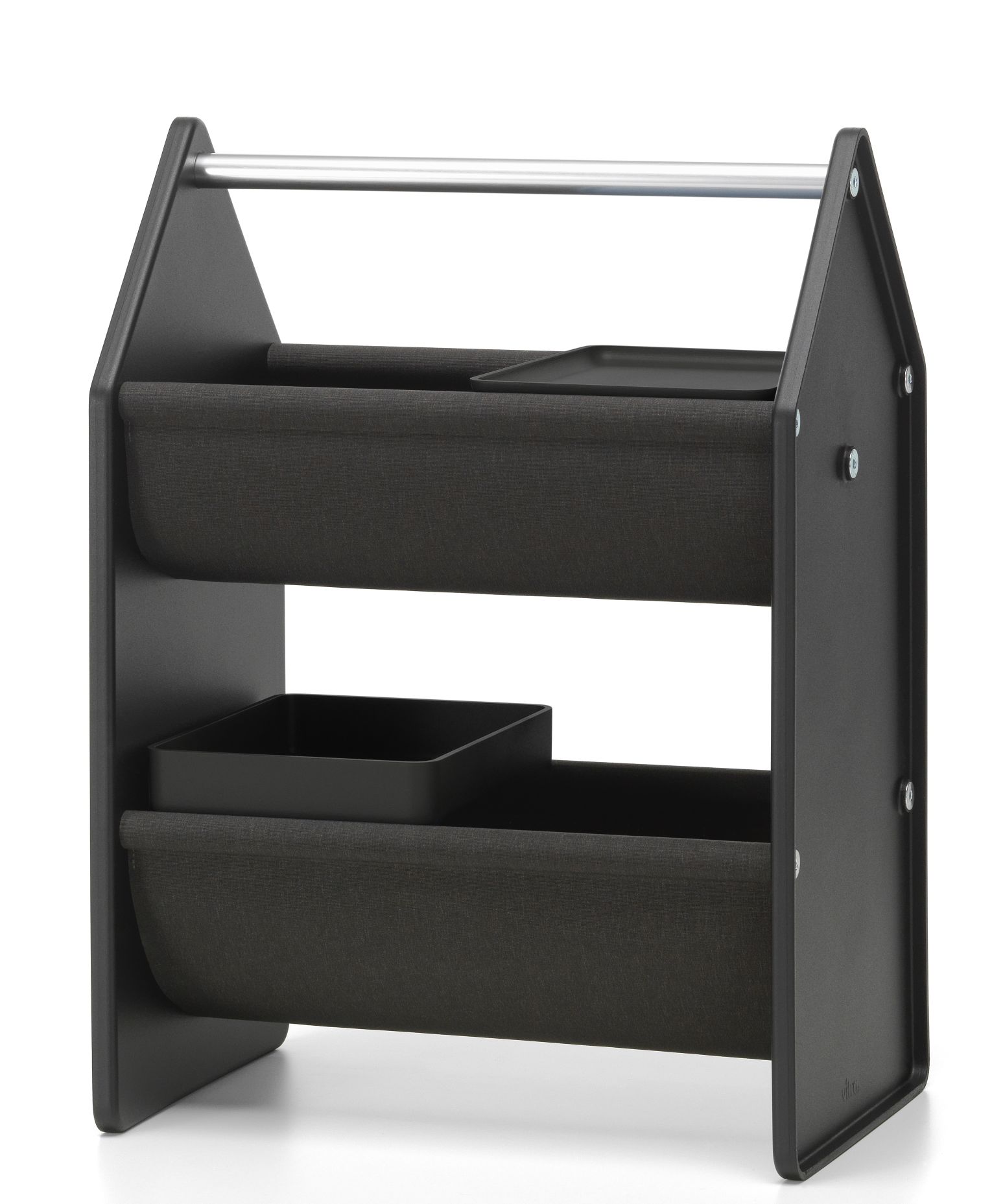 Vitra Drop Box Aufbewahrungsbox in Schwarz mit zwei Stoffbehältern und Ablagefächern.