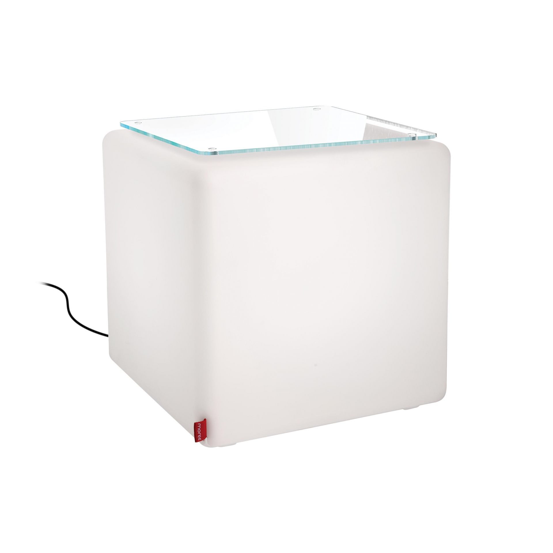 CUBE Beistelltisch von Moree, weiße Outdoor-Lampe mit Glasplatte, vielseitig als Hocker nutzbar.