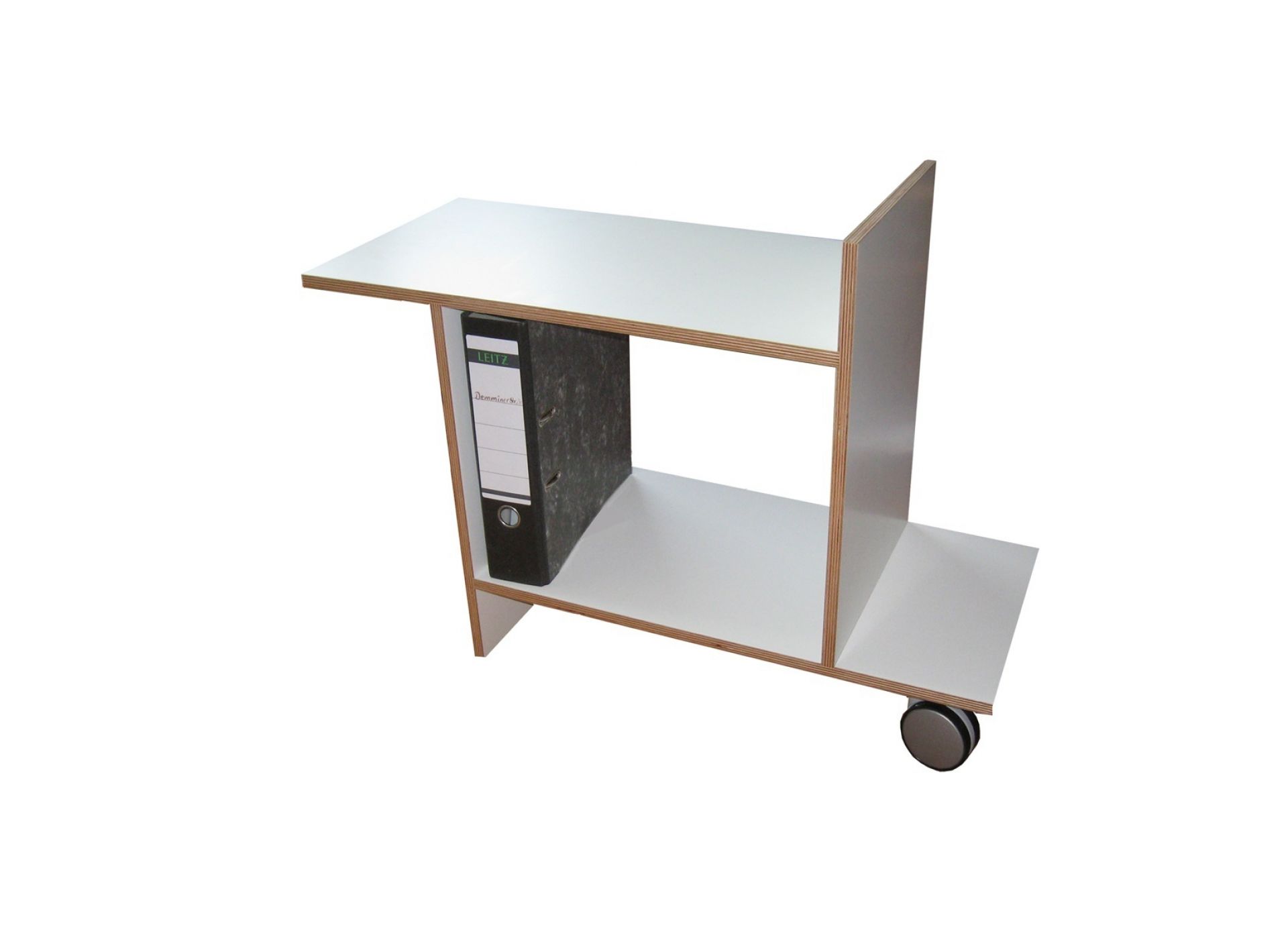 Freund Beistelltisch Tojo mit Rollen, Ablageflächen und Ordner. Moderner, mobiler Beistelltisch für Büro oder Wohnzimmer.