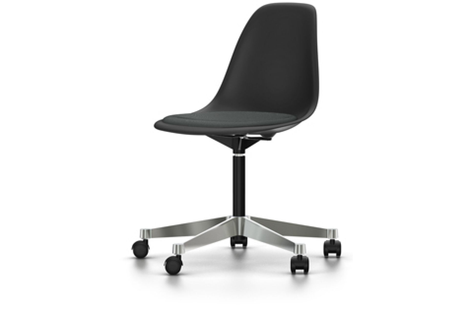 Schwarzer Eames Plastic Side Chair Drehstuhl von Vitra mit Sitzpolster und Rollen.