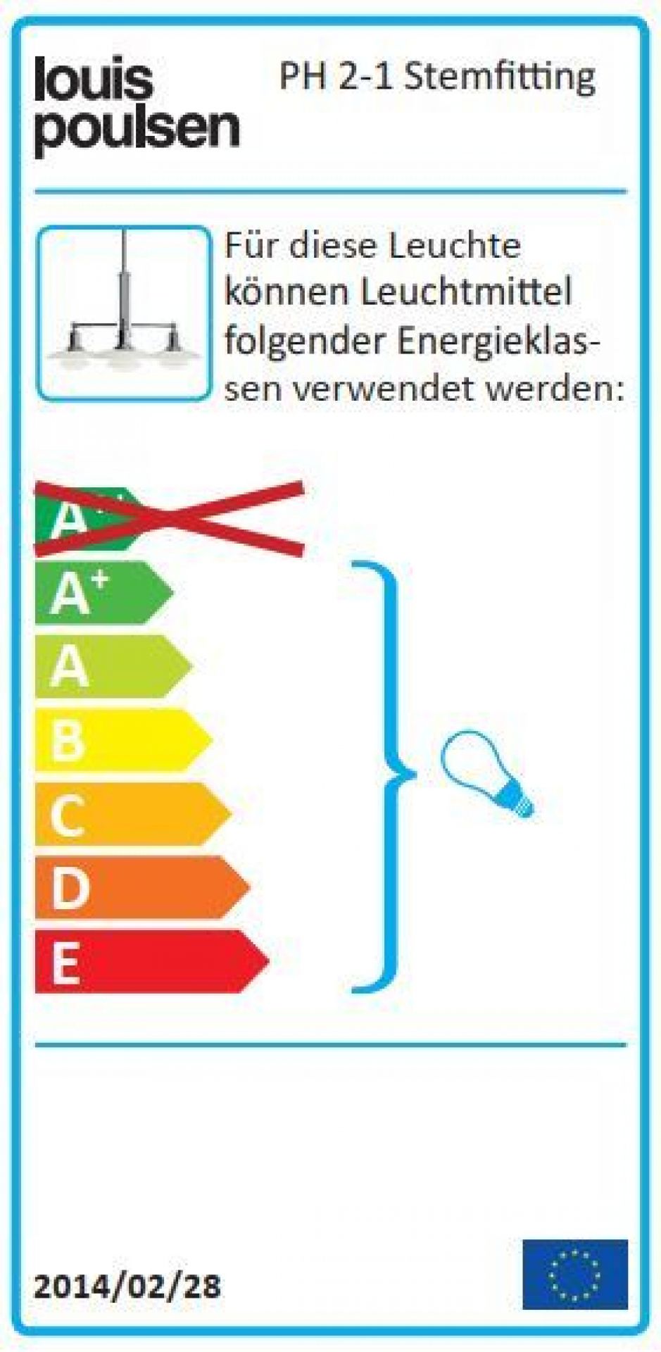 Energielabel für Louis Poulsen PH 2/1 Pendelleuchte: Energieeffizienzklasse, Leuchtmittel-Informationen für nachhaltige Beleuchtung.
