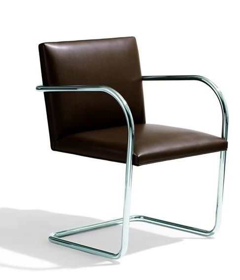 Brno Stuhl von Knoll International mit braunem Lederbezug und verchromtem Rundrohr-Gestell.