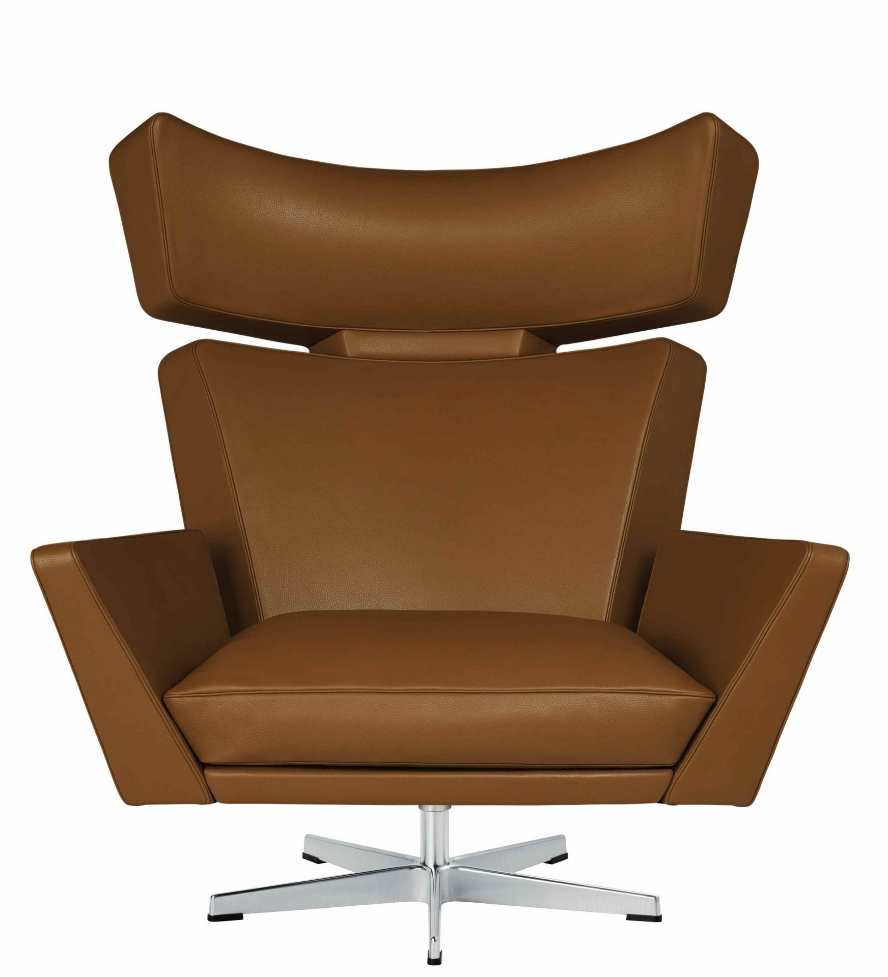 Oksen Sessel von Fritz Hansen, brauner Ledersessel mit hoher Rückenlehne und Drehfuß aus Metall.