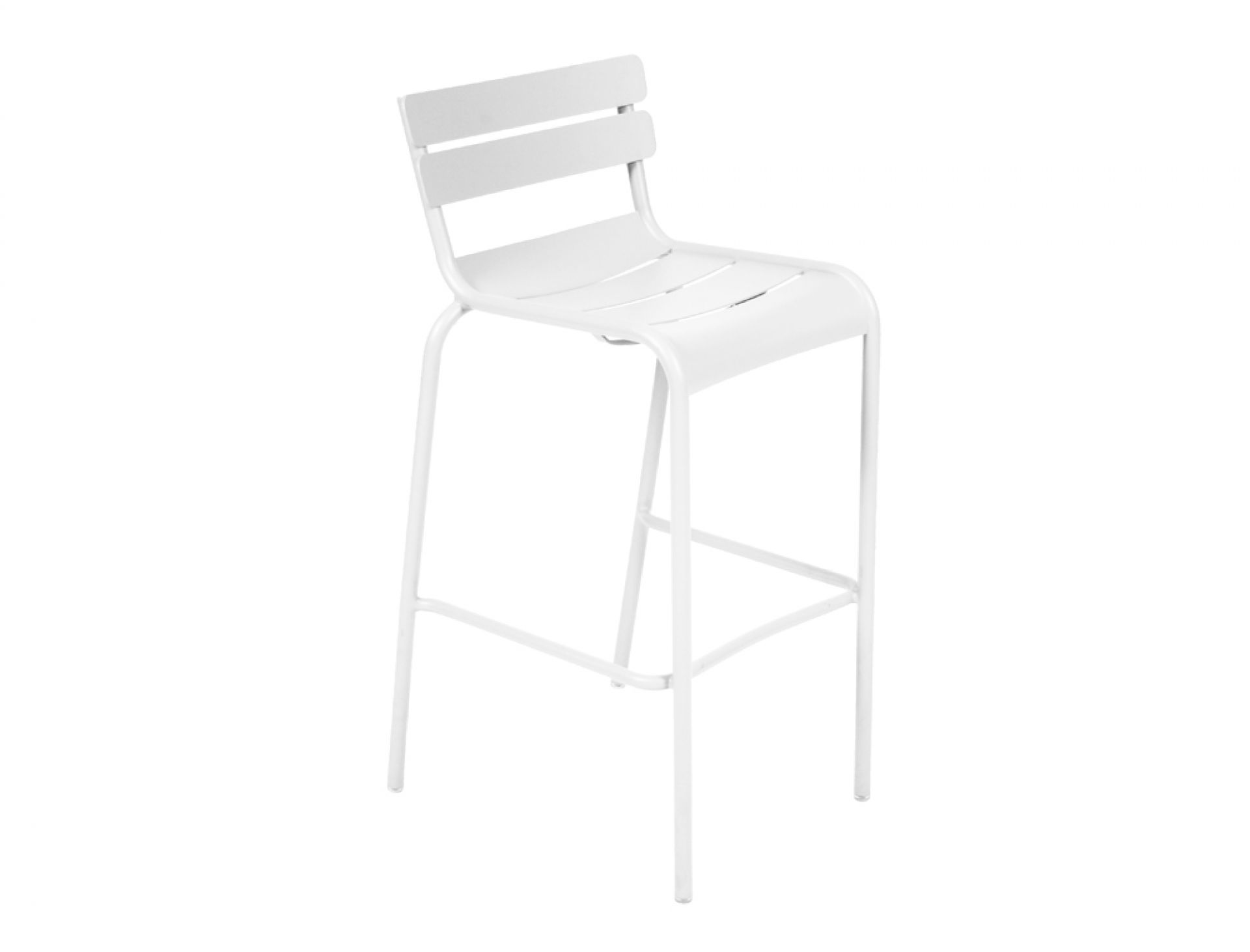 Weißer Luxembourg Barhocker von Fermob für den Außenbereich, moderner Metall-Hocker mit Rückenlehne und Fußstütze.