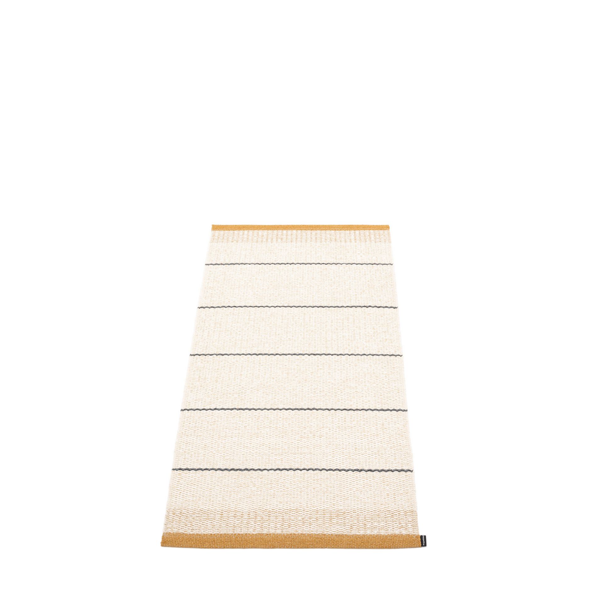 Belle Kunststoffteppich von Pappelina, 60x125 cm, mit Streifenmuster in Beige, Gold und Schwarz.
