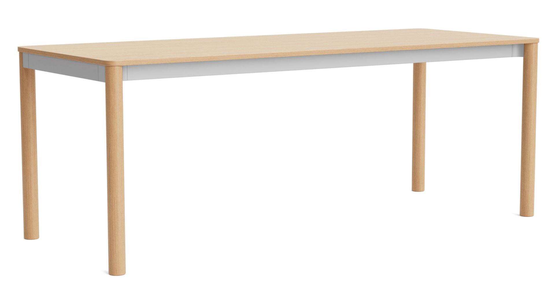 Annex Table Flush Esstisch von Hay, rechteckig, helle Tischplatte, graue Zarge und helle Holzbeine.