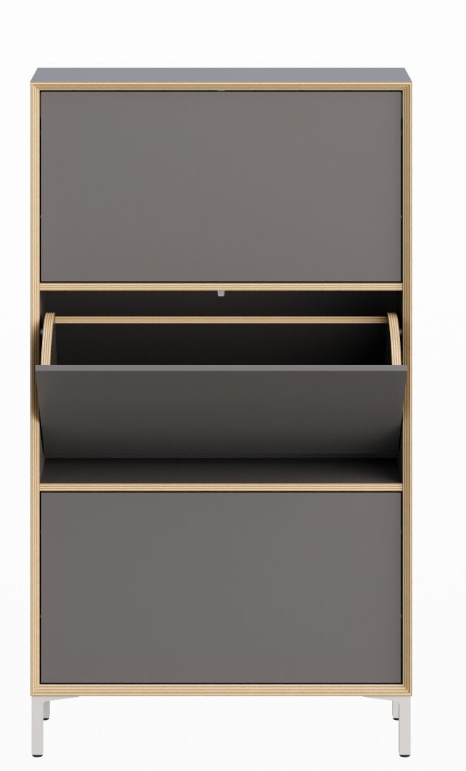 Vertiko Schuhschrank von Müller Möbelwerkstätten in Grau mit drei Fächern, eines davon geöffnet.