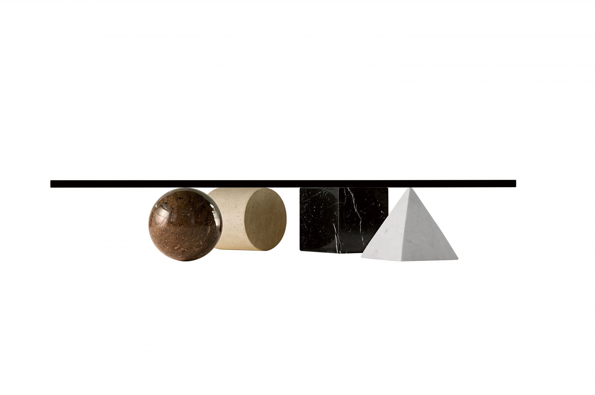 Metafora Tisch: Design Tisch mit Kugel, Zylinder, Würfel und Pyramide aus Marmor.