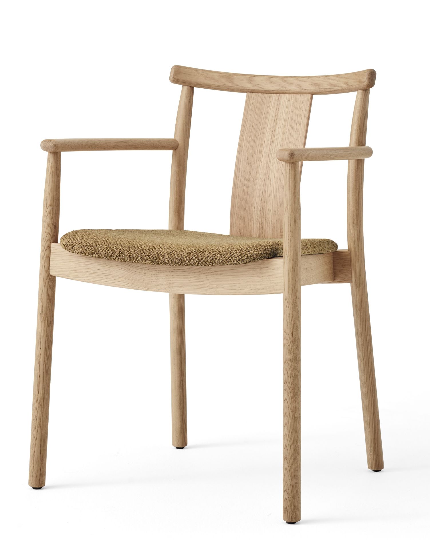 Merkur Dining Chair Stuhl mit Armlehnen von Audo Copenhagen, Esszimmerstuhl aus hellem Holz mit Stoffbezug.