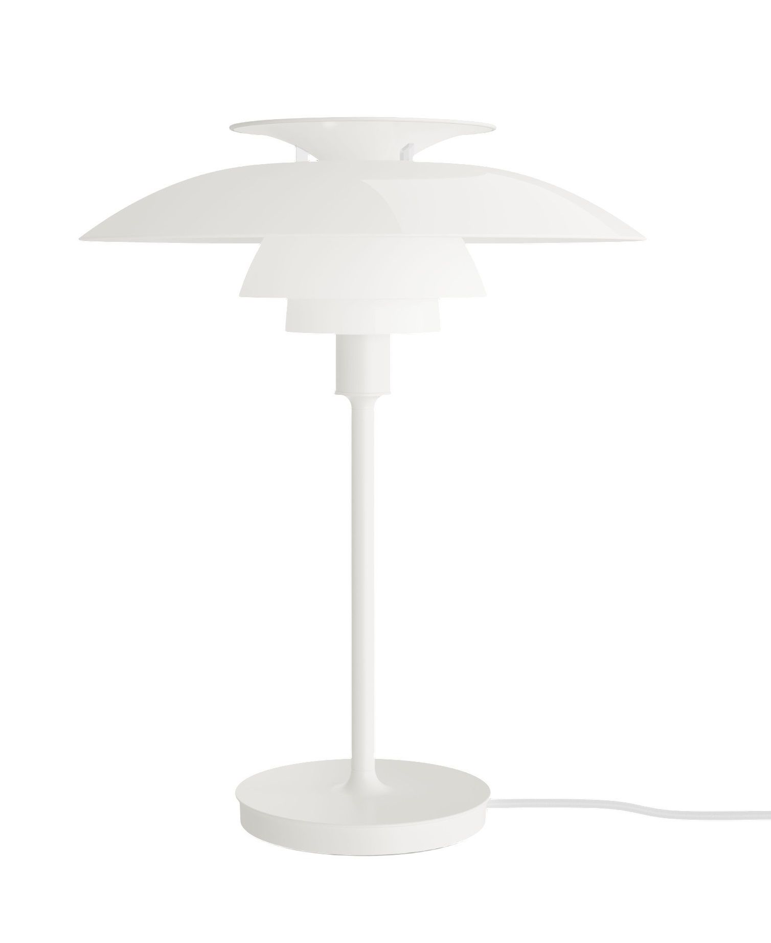 Weiße PH 80 Tischleuchte von Louis Poulsen mit mehrschichtigem Schirmdesign für blendfreies, diffuses Licht.