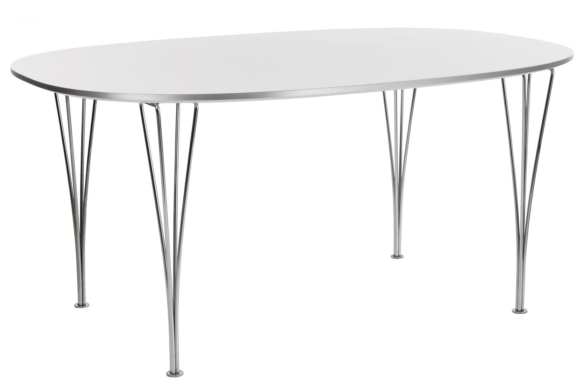 Fritz Hansen Super Elliptisch Tisch mit weißer Tischplatte und verchromten Stahlbeinen.