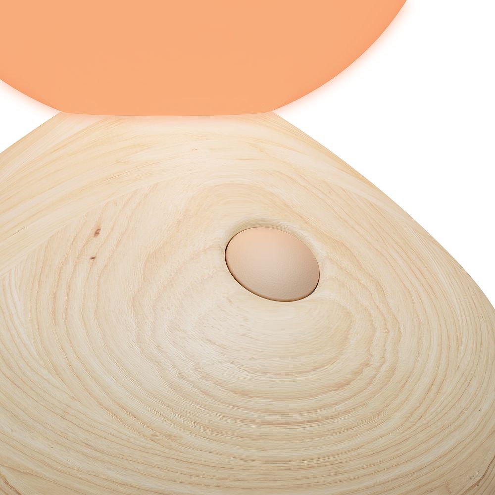 Detailaufnahme der Sun Home Lichtskulptur, eine moderne Tischleuchte in Grau mit Holzstruktur und warmem Licht.