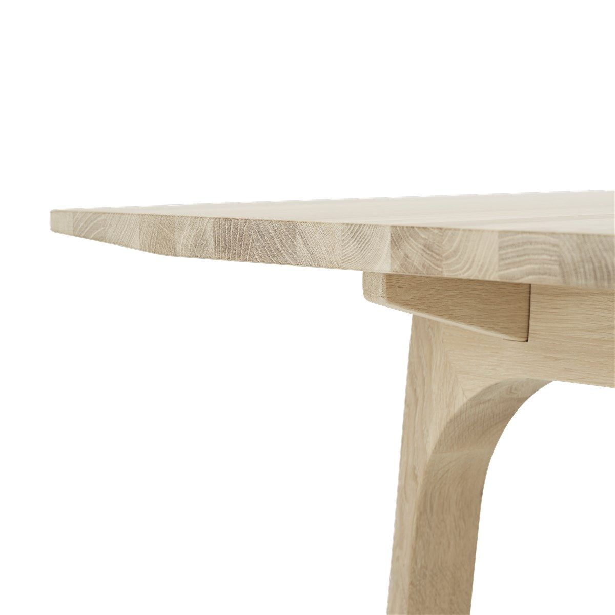 Detailaufnahme des Muuto Earnest Esstisch ausziehbar, zeigt die Tischplatte und das helle Holzbein.