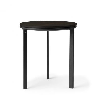 Schwarzer, runder Vipp Beistelltisch mit drei Beinen, Durchmesser 40 cm, für Wohnzimmer oder Schlafzimmer.