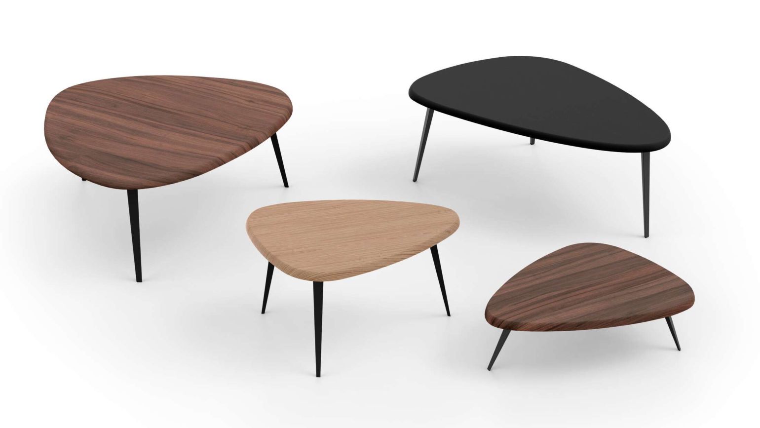 Cassina Mexique Couchtische in verschiedenen Größen und Ausführungen, modernes Design mit Holz- und schwarzer Tischplatte.