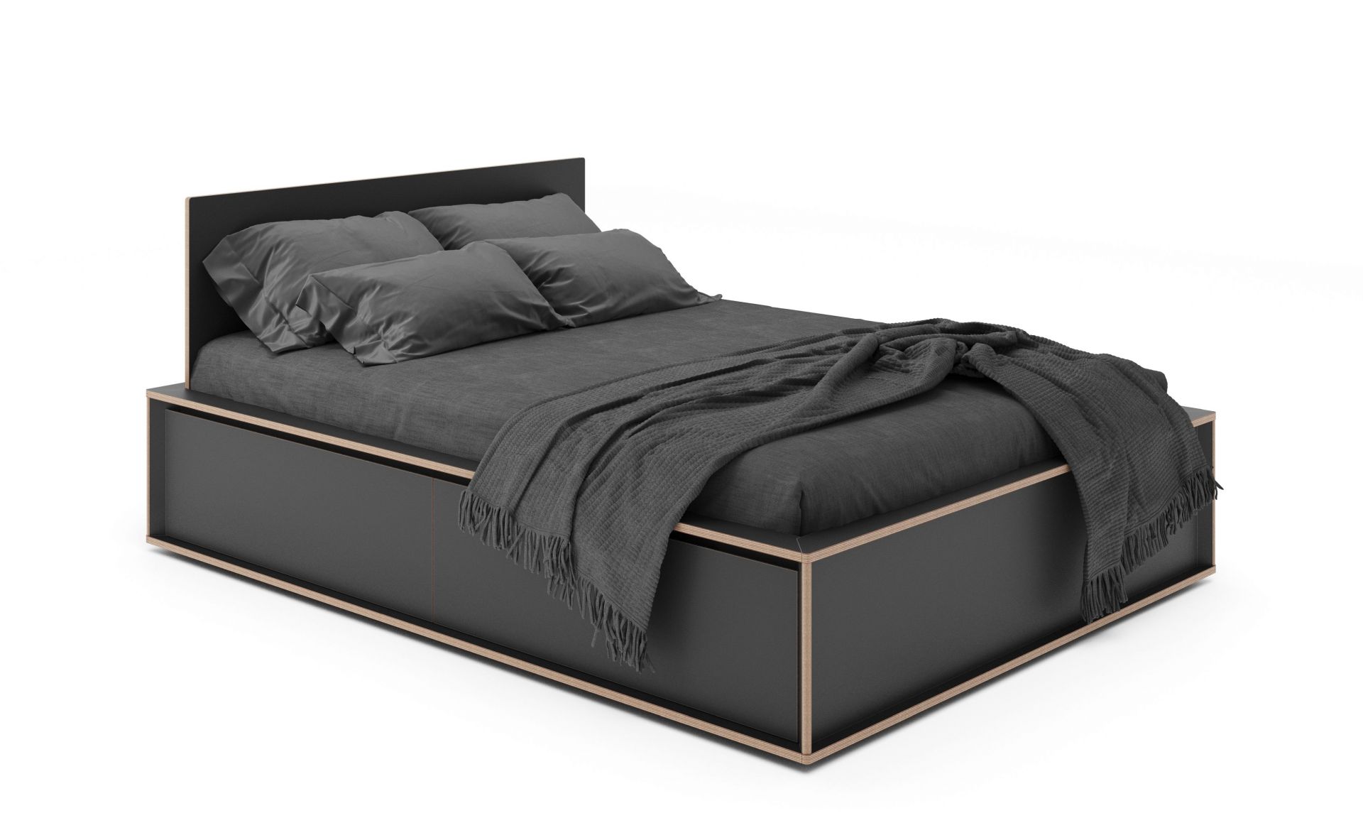 Spaze Bett von Müller Möbelwerkstätten in Schwarz mit Schubladen, Decke und Kissen.