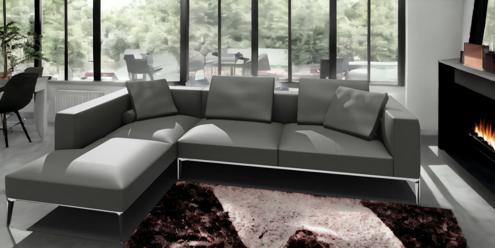 Jaan Living Sofa: Modernes 3-Sitzer Ecksofa aus Leder in Taupe mit Kissen.