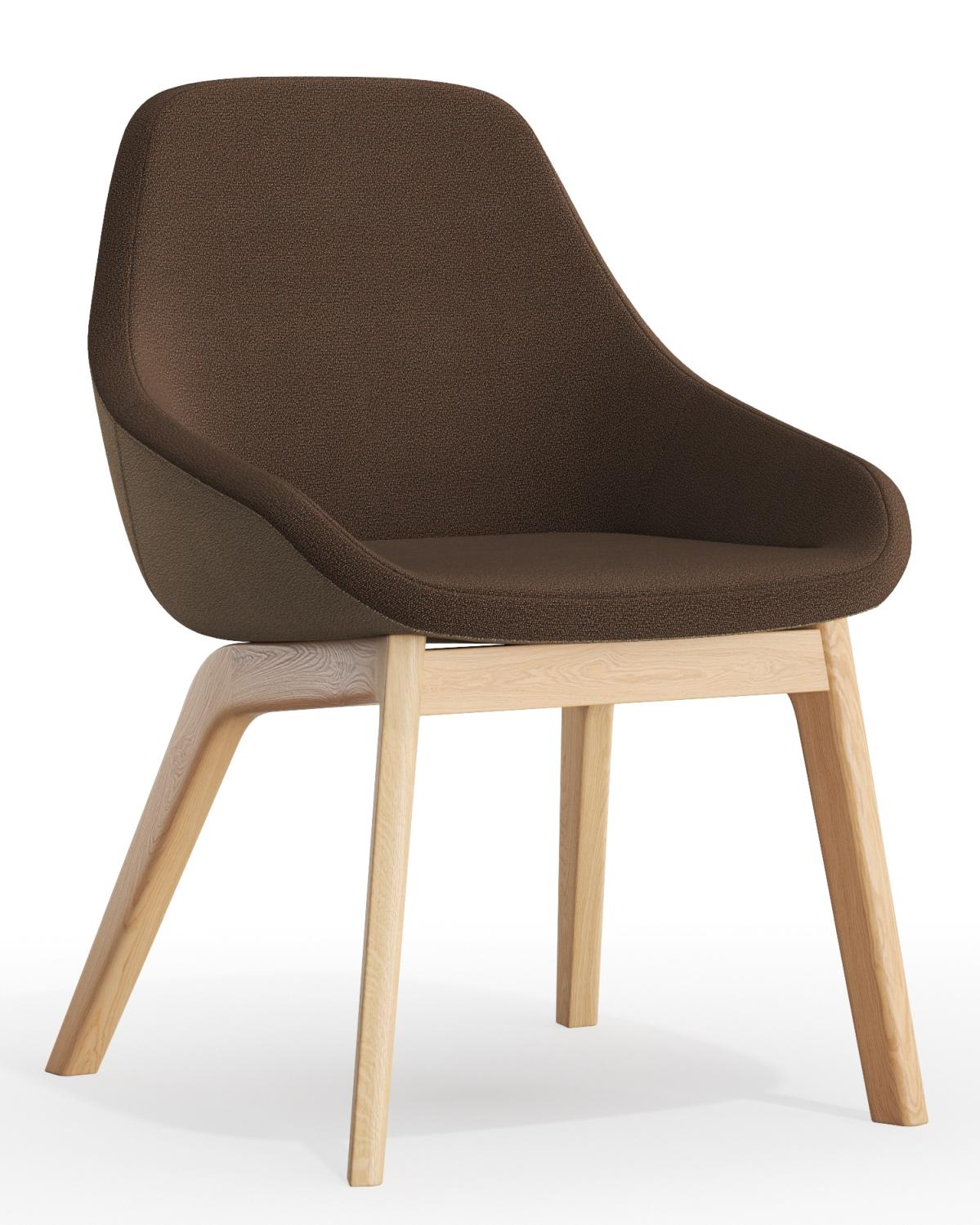 Morph Dining Chair Stuhl Zeitraum mit braunem Stoffbezug und hellem Holzgestell, Ansicht von schräg vorne.