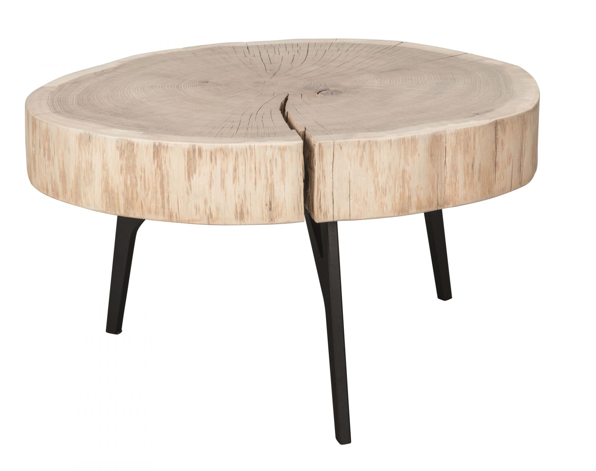 Stomp Beistelltisch H40 von Janua aus rohem Holz mit drei schwarzen Metallbeinen.