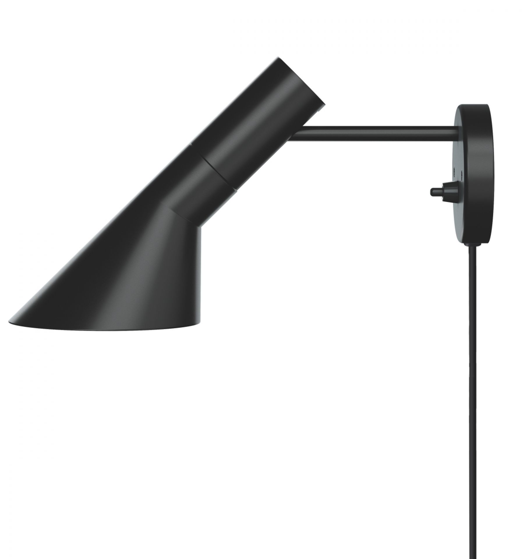 Schwarze AJ Wandleuchte von Louis Poulsen, eine moderne Innenleuchte mit schwenkbarem Lampenkopf und Kabel.