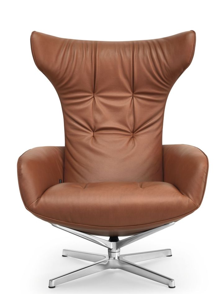 Onsa Chair Sessel von Walter Knoll, braunes Leder, drehbarer Fuß aus poliertem Aluminium.
