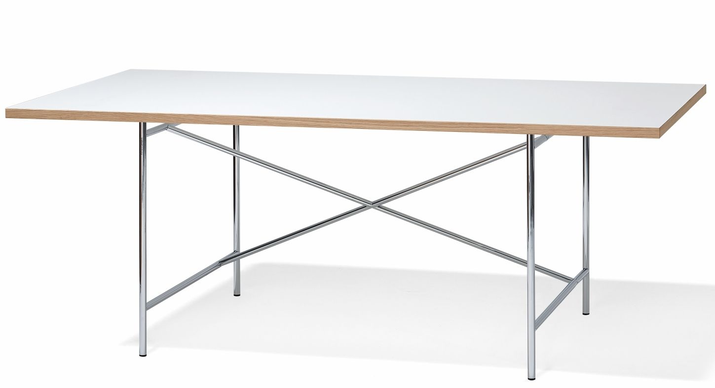 Eiermann Tisch mit weißer Tischplatte und verchromtem Stahlgestell, Designklassiker von Richard Lampert.