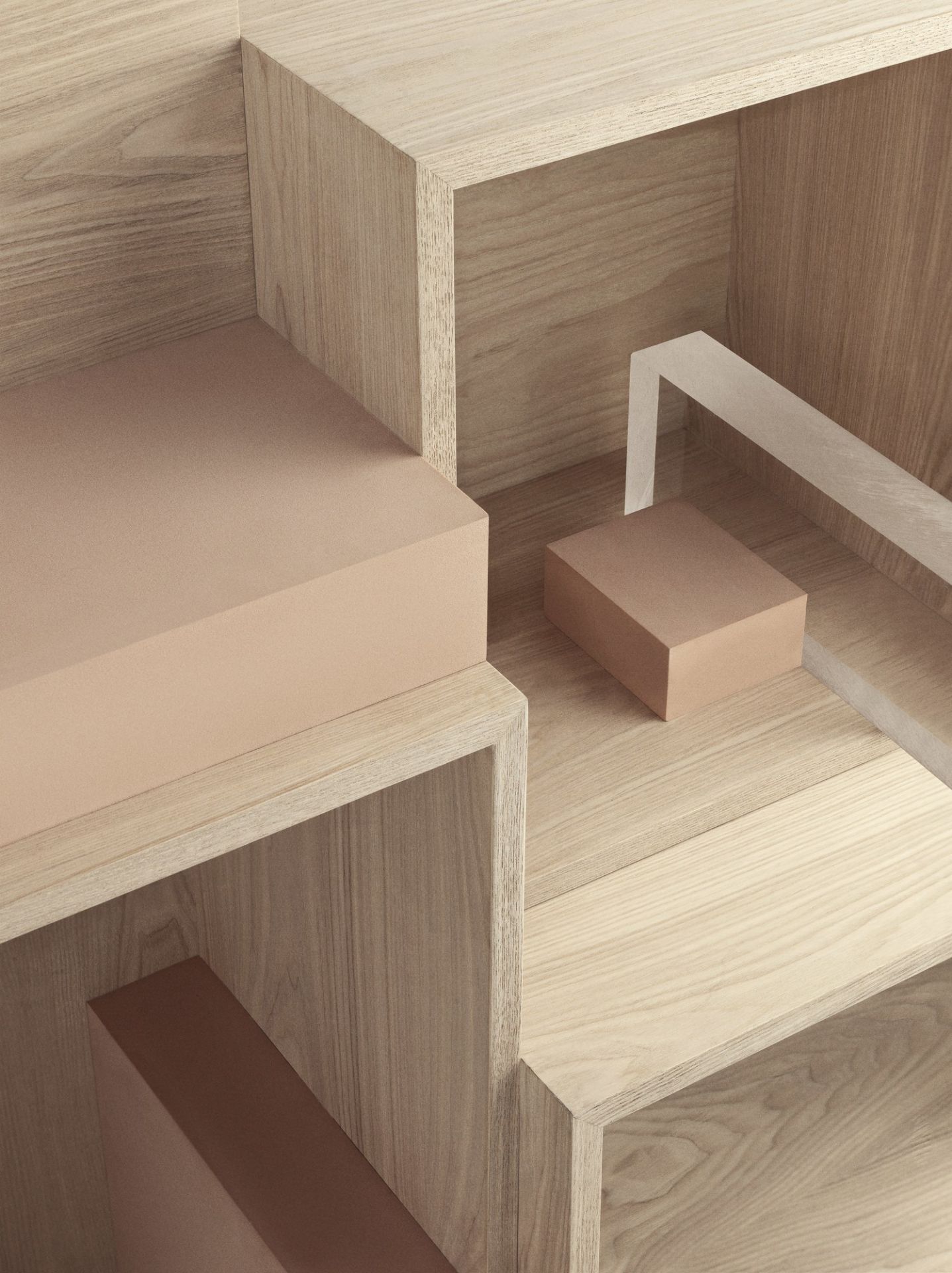 Nahaufnahme des Muuto Stacked Storage System 2.0 Regalsystems aus hellem Holz mit farbigen Akzenten.