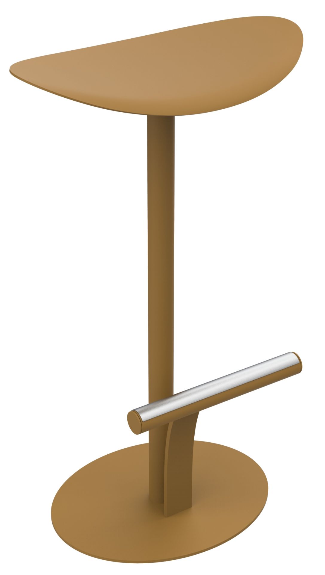 Freigestellter Fermob Bolder hoher Hocker für den Außenbereich, goldfarben, mit Fußstütze aus gebürstetem Stahl.