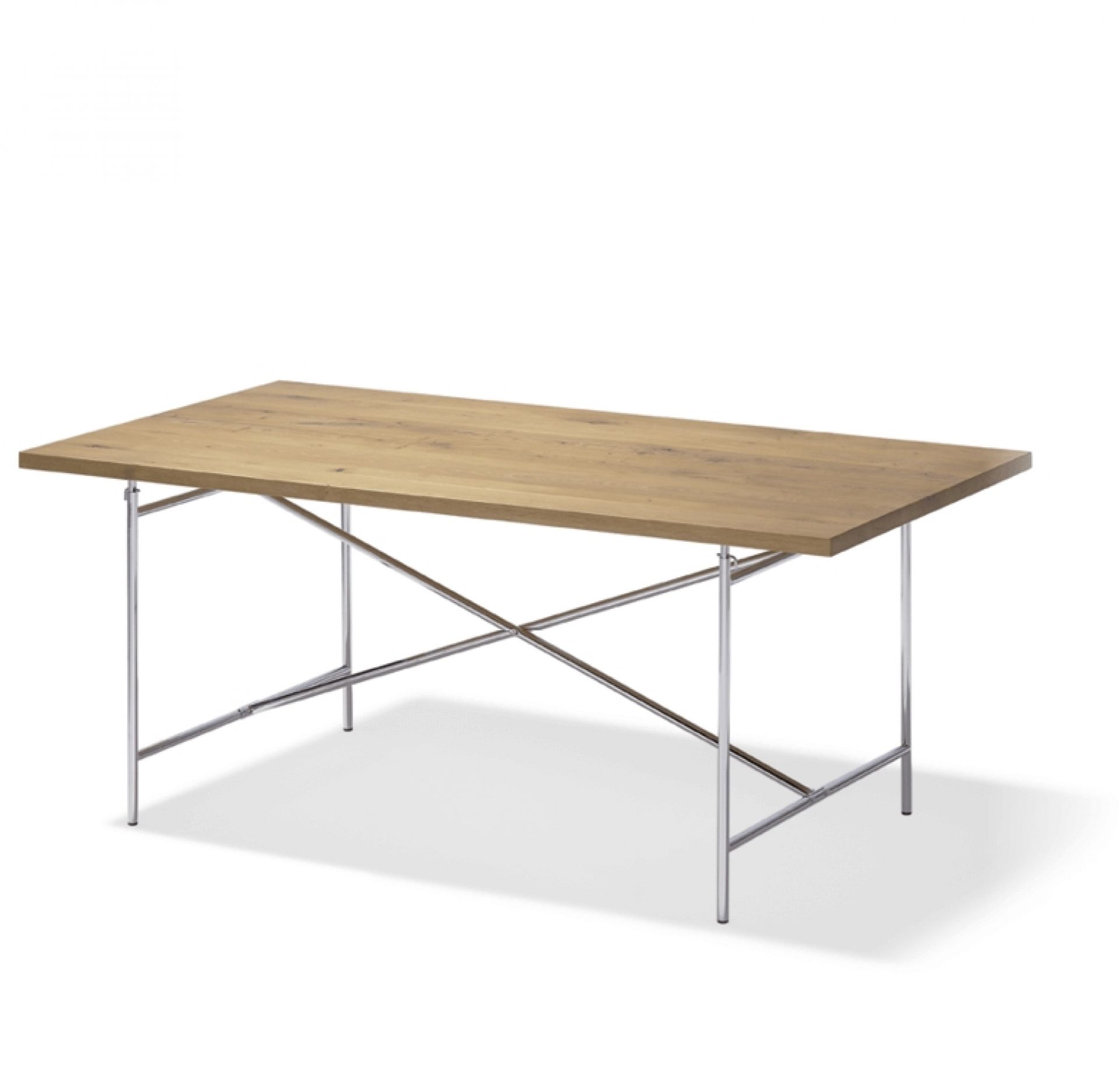 Eiermann Tisch mit Massivholzplatte und verchromtem Stahlgestell. Designklassiker für Büro und Wohnbereich.