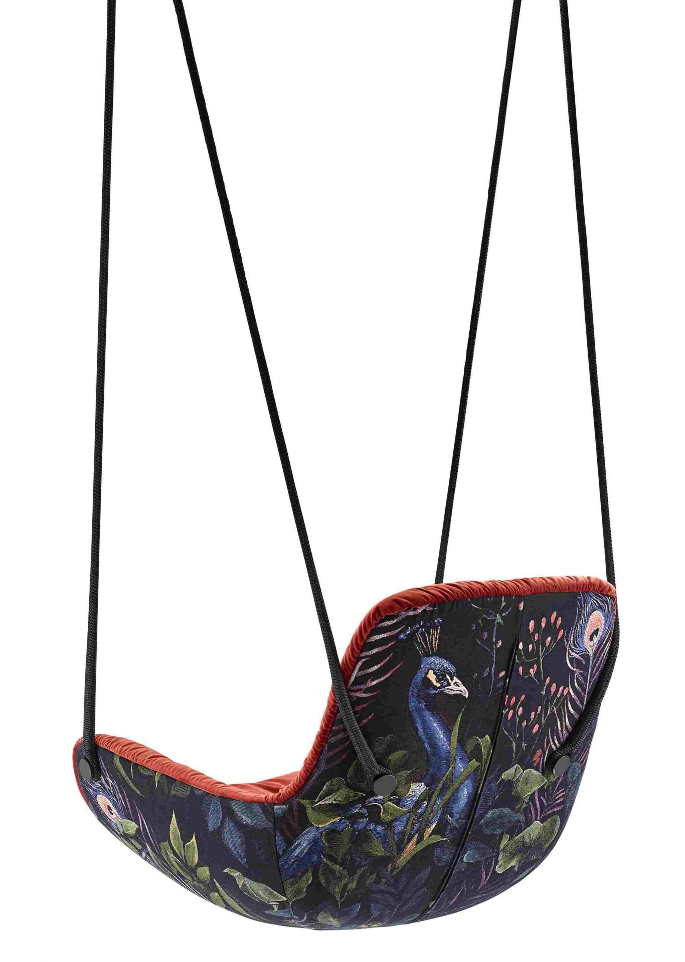 Freifrau Leya Swing Seat mit Pfauenmuster, Hängesessel für entspanntes Schwingen im Wohnbereich.
