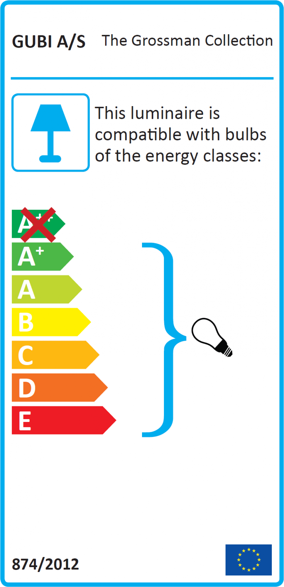 Energieeffizienzlabel für Gubi Leuchten, kompatibel mit Leuchtmitteln der Energieklassen A+ bis E.