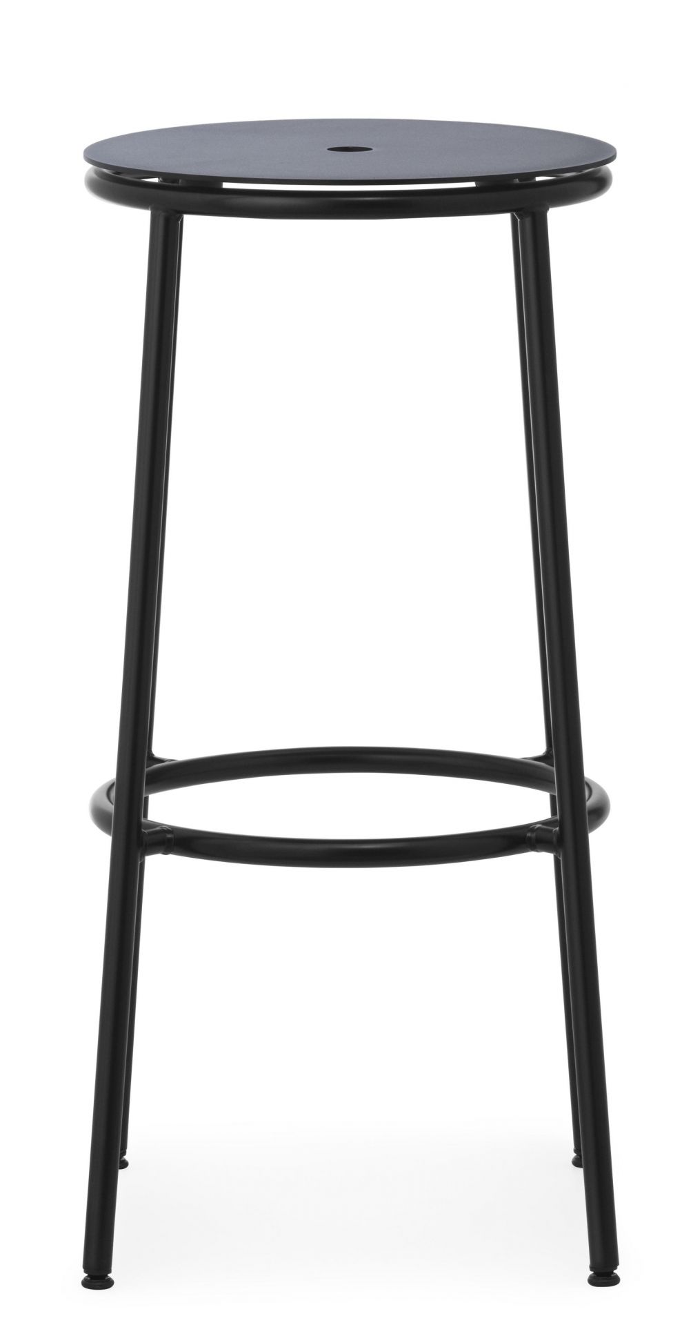 Circa Barstuhl H 75 cm von Normann Copenhagen, minimalistischer, schwarzer Metall-Barhocker mit runder Sitzfläche.