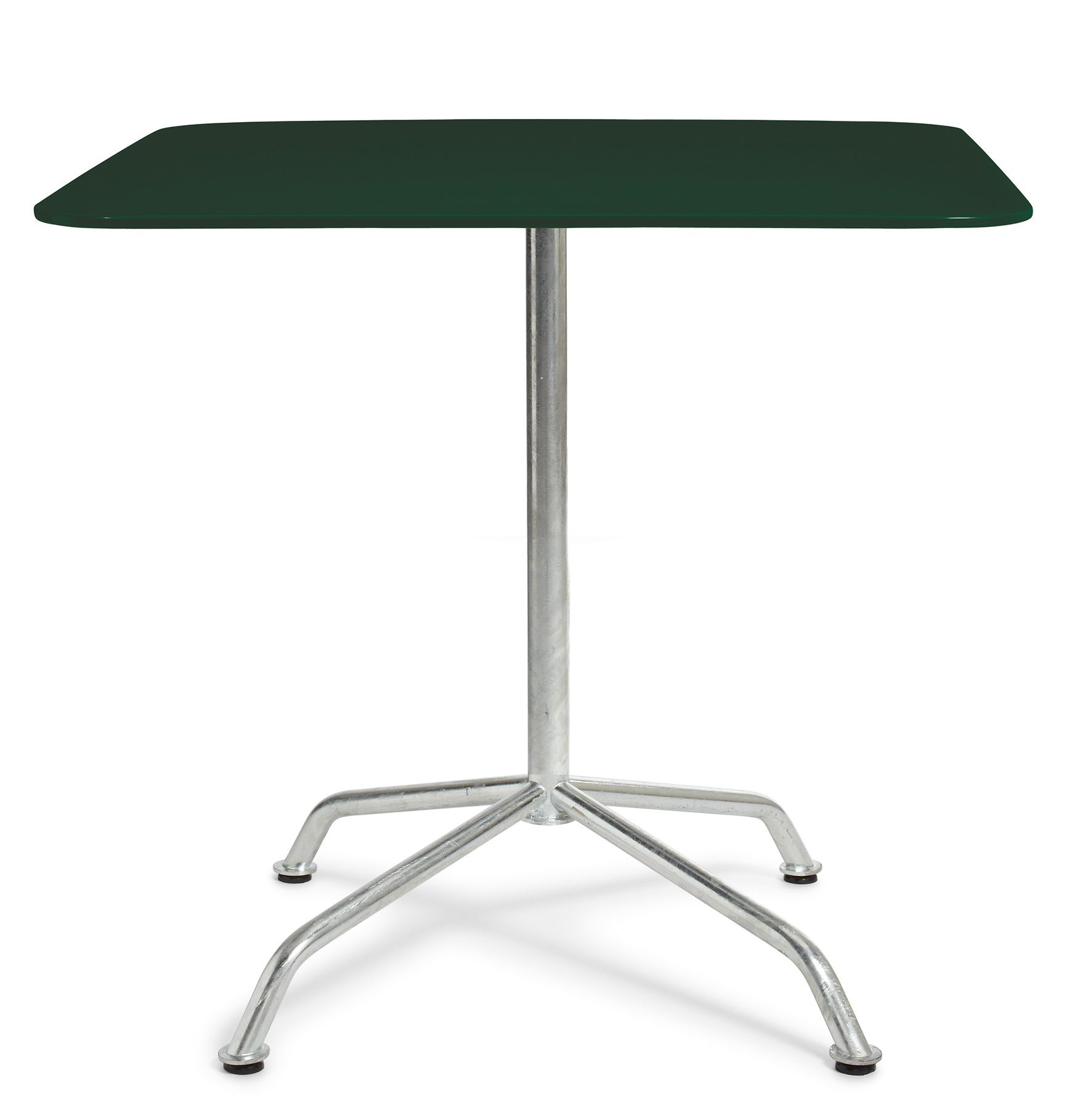 Haefeli Gartentisch von Embru: Quadratischer Outdoor-Tisch mit dunkelgrüner Tischplatte und silbernem Metallgestell.