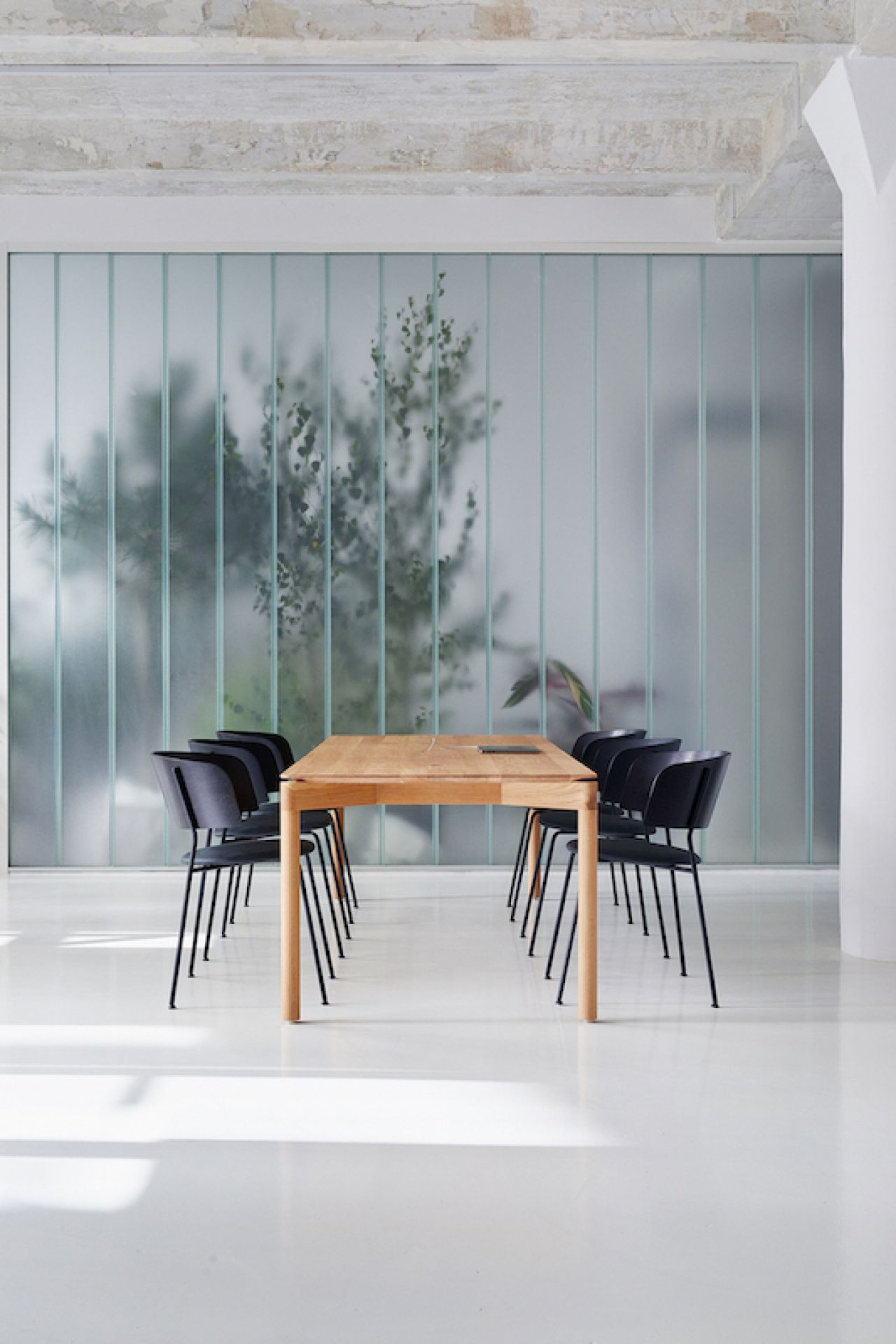 WAGNER Armlehnstuhl OUT mit schwarzem Gestell und matt lackiertem Eichenholz, minimalistisches Design für Esszimmer oder Büro.