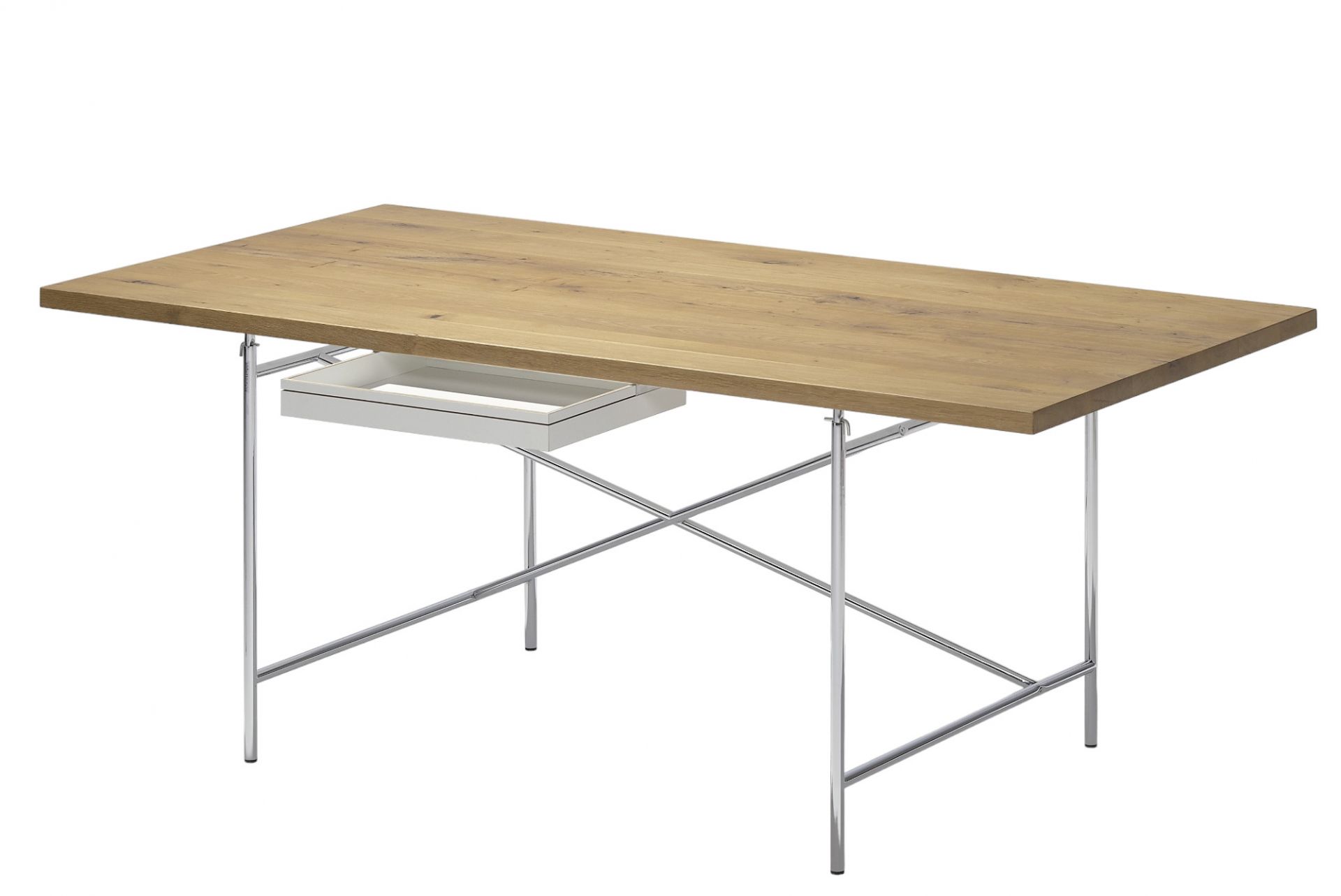 Schublade für Eiermann Tischgestell von Richard Lampert, weiße Schreibtisch Schublade aus Metall unter Holztischplatte.